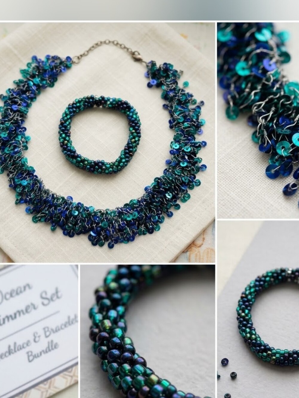 ​🌙Ocean Shimmer Blue & Teal Jewelry Set Sequined Statement Necklace & Bracelet
